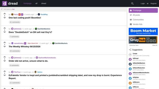 screenshot of Frontpage - Dread - dreadytu5e57d2xyx2fdgpvqnaf7zxhwr65k5vozpfbotulgv46lc7id.onion
