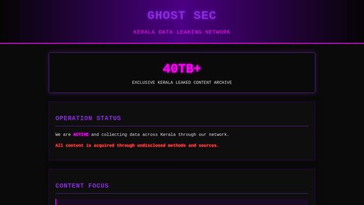 screenshot of GHOST SEC - Kerala Data Leaking Network - 4xwvlvhbql3zgcdwdcrcd7nnraqbwkygv7r5kqkssaqjtaffdyj5sqad.onion