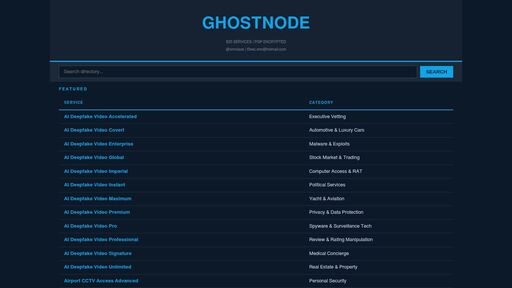 screenshot of GHOSTNODE - 820 Hacking Services Database DDoS ATM Jackpotting Spyware Deep Web Ahmia Onion - s36v5dplwfpch2lt3qpe7vc2rrkndc66f6pltsqibcks5st3uqmy6hqd.onion