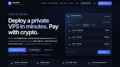 screenshot of GhostVPS — Private Crypto VPS · No KYC · Hourly Billing - 3cjysis5k7sqt3x2nraz6luo56t4cdvsvdpezugeqs2tojzn5ysa35yd.onion