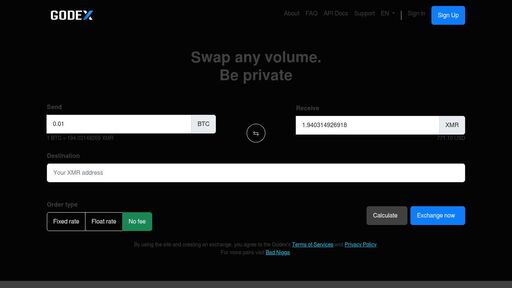 screenshot of Crypto Exchange | Cryptocurrency Converter with Lowest Fees - Godex.io - http://godexi47klplhlwlmg2b34g5tfnlqefoio5zgu4vsuddjgmoxi4co7qd.onion