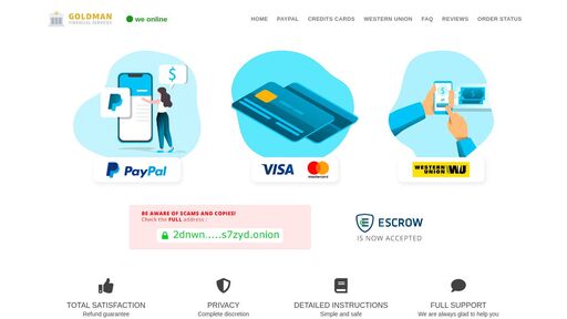 screenshot of Goldman Financial Services - Checkout - http://2dnwnjmbw63vflnpchc53bkw5l5cyxwceatmquxkqk7iqerfpuhs7zyd.onion/checkout2.php?product_id=5