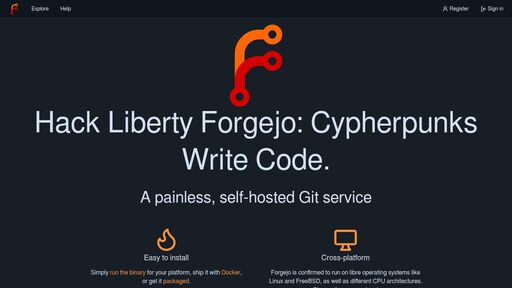 screenshot of Hack Liberty Forgejo: Cypherpunks Write Code. - forgejoraunpgjz6rnqtyezduyev5ng6urvbosmqtgo6onkgcn42ooqd.onion