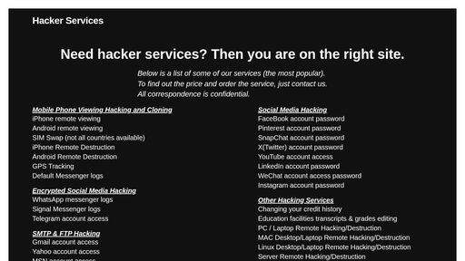 screenshot of Hacker Services - http://peokwrj5xcq7uav4dvmms2n7hdjce5nske34wx4tbqp6eyxbxw3jxzyd.onion
