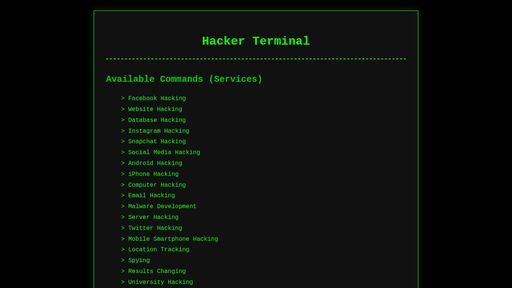 screenshot of Hacker Terminal - Trusted Hacking Services - http://vnuff2zgcerv3asaie5c62of2qa2prh5wswqcltv5tdf2pdcbusepaad.onion
