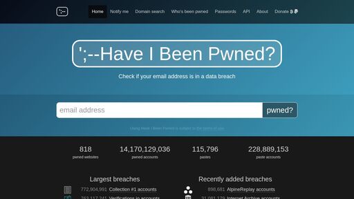 screenshot of Have I Been Pwned: Check if your email has been compromised in a data breach - http://22222226nbvy3b4w73gg5h3g2dnlltshvua3cskxe2ynzvgcplx725ad.onion/TermsOfUse