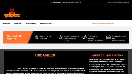screenshot of HIRE A HITMAN ON DARK WEB [Email: torwetwork@protonmail.com] Welcome to the Most Reliable and Anonymous Hitman Market. hire a hitman on dark web safely. we provide anonymous services at affordable prices. - Tor Wetwork - wv5pgeavxuclhs3r3denp2fs47ih5xoblcjilsgqfecz5csya6xzgkyd.onion