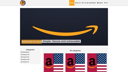 screenshot of Home - All Categories - Amazon Plaza: Carded Amazon gift cards. 🇺🇸🇪🇦🇩🇪🇫🇮💵🇬🇧🇪🇺🇮🇳 USD, EUR, GBP, INR. - amazon5suqjcnqk65f63wnwdqxvdcaogwi4qoehi42yfk63izrzrmuyd.onion