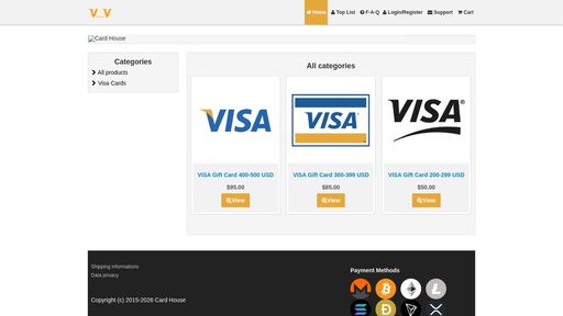 screenshot of Home - All Categories - Card House: 💳 💵 💸 🏦 🏧 🪪 Virtual VISA gift cards - cardhou5xkdnmnsdgvkisak2mojamk3lx7u2jsrsd5wqdww5vekbuyad.onion