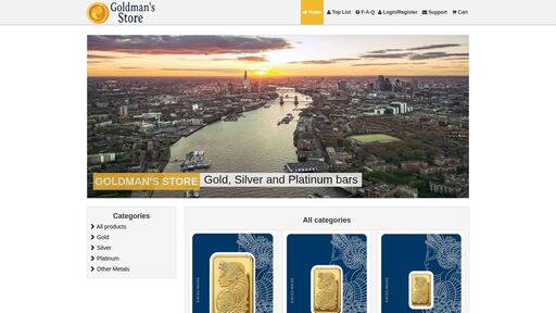 screenshot of Home - All Categories - Goldman's Store: Gold, Silver, Platinum bars - goldmanbiaqdyzwzkt6nxx5c2pdu2m2dtuon3losqr6dygee6vq6flid.onion