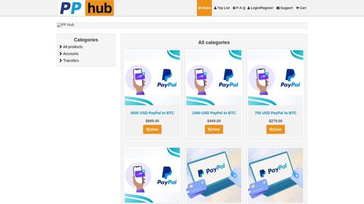 screenshot of Home - All Categories - PP Hub: PayPal accounts and cashouts - paypal2kygxio3lbete4wytj5rrr5ivknevft2twhbkndtidufd42byd.onion