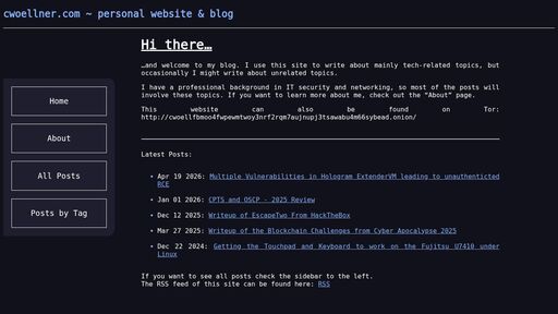 screenshot of Home - cwoellner.com ~ personal website & blog - cwoellfbmoo4fwpewmtwoy3nrf2rqm7aujnupj3tsawabu4m66sybead.onion