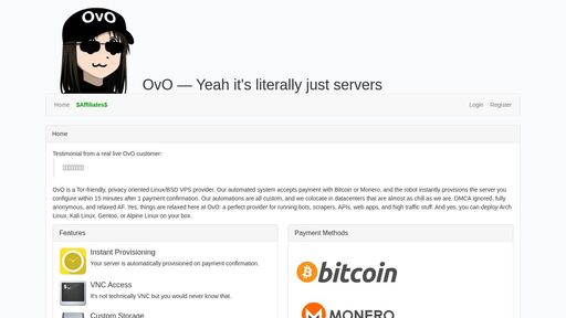 screenshot of Home — OvO VPS Hosting - rkth5ak32u3yhk2bfztxeftnbixrsaul3gyi54sobgsbokxylb5frhad.onion
