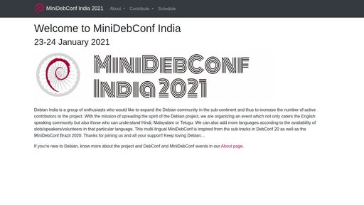 screenshot of Home page - MiniDebConf India 2021 - http://2x2rtdijbuqqw3664ktxwsv255m2m4itmhxhpcvmalqhbiztqfckmsqd.onion