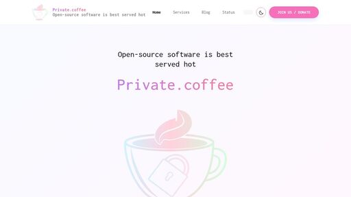 screenshot of Home

    - Private.coffee - http://coffee2m3bjsrrqqycx6ghkxrnejl2q6nl7pjw2j4clchjj6uk5zozad.onion/index.html
