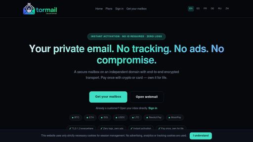 screenshot of Home · Tormail - tormailgkzt4aisvaoiym5x2prqlnptca3wyqpffxjn67mpiejts3wyd.onion