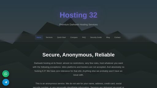 screenshot of Hosting 32 - Secure Darkweb Hosting Services | .onion Web Hosting - hosting32emwoz7nsehecew2cb7alcxu6bqqkihk77rccsrkyknm5jqd.onion
