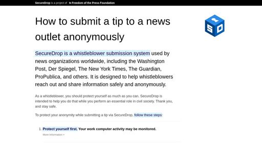 screenshot of How to Submit a Tip to a News Outlet Anonymously - rud4meg7z32zseyvtkz45udln7v2rrbe65a6wel4c7hofqvfpj45paad.onion