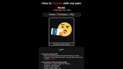 screenshot of How to suicide with out pain (IWLBIC) - FAQ - http://qygxdm6exozocauhls6ti2romm63kooxivfftvbu42yd3nyyycjgx3qd.onion/faq.html