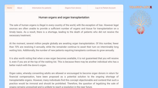 screenshot of Human organs and organ transplantation - organs7mrbogqxhwa3yzxfynlzsskpsiogjo5aekeevcjf5cwohouaad.onion