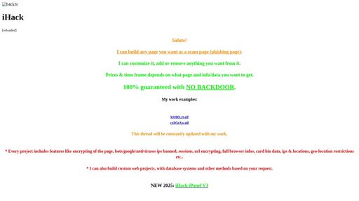 screenshot of iHack - 2f7fobqjfygq7ravi4jy57nm2chf3lbjrojujobexbrl7d4indypcoad.onion