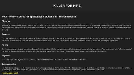 screenshot of KILLER FOR HIRE — KILLER3580@PM.ME - killerlau2toc2hcva6aapidtbhsnrugo54mnndy7zlpvxhuyinodlyd.onion