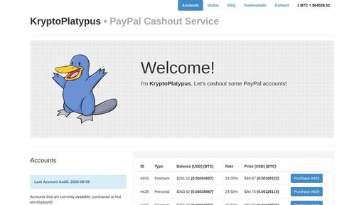screenshot of KryptoPlatypus • PayPal Cashout Service - platypusjzbpnd3wbiqvr37jh3q4m4aj5k32a4ihb2aqglfemi5bvkad.onion