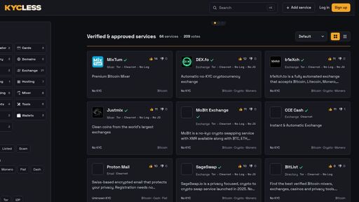 screenshot of KYCless — Exchangers, Mixers, VPNs & Privacy Services - kycless4lrsxn5pgnpax4gxkdnynpotrqxzgrsn6vndxshe4oujm3nad.onion