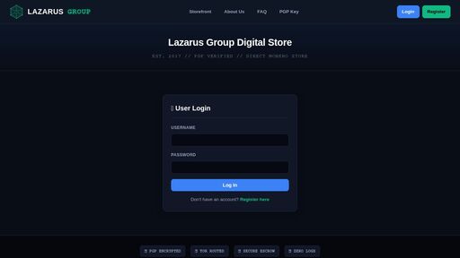 screenshot of LAZARUS GROUP | Wallet & Software Store - lazarusft6gph46uma6x5xawqfrg55t3dsunbkwh2zbsj5qpdkzvsyid.onion