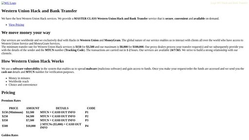 screenshot of Legit Western Union Hack & Bank Transfer - fz7aifwrjgh2dwbbvxhr33usueydl2akhze5iwnvknrbcsinekuxjzyd.onion
