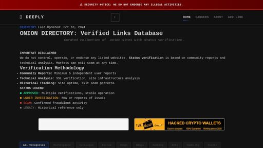 screenshot of Link Directory | DeepLy - Verified Onion Links - zyz7ce72qmbueqiwsqlcenmz67cuktfshx5frf4xnapmfzmdersavsyd.onion