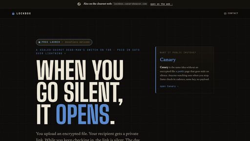 screenshot of Lockbox — a dead-man's switch on Tor - lockbox2z4fgmbwrq26nzspezeoq6avddprlekcp6y6yava4nfi7zeid.onion