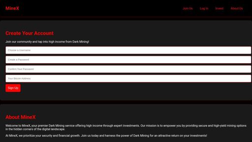 screenshot of MineX - Your High Income Dark Mining Service - http://7jjpvxovqadvrqnrlhjiqfrnrq7yvm7gnecac7fhx2olojmay6l2nhad.onion