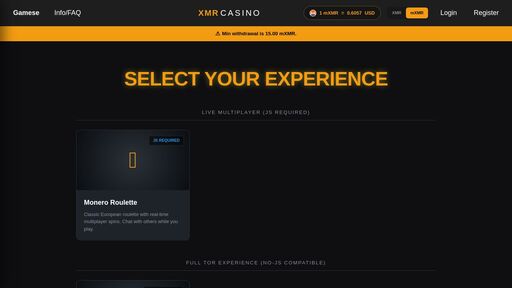 screenshot of Monero Casino | Anonymous & Provably Fair Gambling - xmrcasino65crf76vhmhg5w33ztvheqbhlbnneuaxavwhqjy34f4dgid.onion