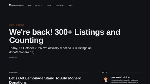 screenshot of Monero Coalition - http://usemoneroycsg4ncfbovfgazdruxpfcg27qlvkmoro6zuwpsz55zfvad.onion