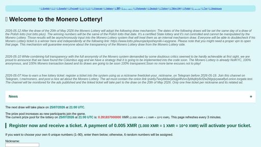 screenshot of Monero Lottery - iyve6y7wvybkiiwrja5qgi4hzvo3yblvjkty6cf2w2klgojvyaeaflyd.onion