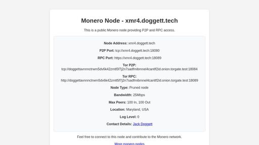 screenshot of Monero Node Status - xmr4.doggett.tech - doggettavnnnctrwm5dv6k42zmtl5f7j2n7sadfmibmnel4cantlf2id.onion