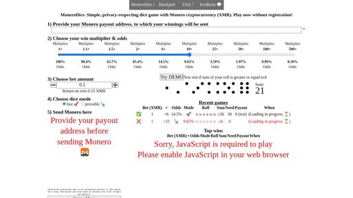 screenshot of 🂡🂫 Monero Blackjack - http://dicepro4s6naj2jxo64g2fxj4nvn3cs2jp6hjmp36dzioegmfjcn6uad.onion/blackjack