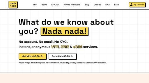 screenshot of nadanada - VPN & eSIM | $0.50 VPN | $0.99 eSIM - wg2vbtdwfo6tacuykviwdiyeaslezxohb4or4xjcjxbtspdcxgbs2pad.onion