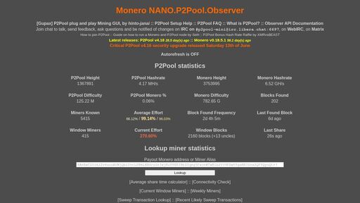 screenshot of NANO.P2Pool.Observer - http://p2pnanphwyo2smf3khhjjkmfxll7h2ptmj4iwrbjklsk2wx66m5m7oad.onion