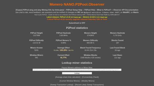 screenshot of NANO.P2Pool.Observer - p2pnanphwyo2smf3khhjjkmfxll7h2ptmj4iwrbjklsk2wx66m5m7oad.onion