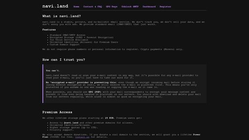 screenshot of navi.land - No Bullshit Email - no2tr655ivyyxcptacfdfu2witwzdblo5w4kdmzbyeozh4mlcng7kkyd.onion