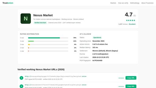 screenshot of Nexus Market Reviews 2026 :: 4.6/5 from 1,247 verified buyers · Trustonion - trustonwatt7a2cdyubwucqxp27iki23ytfsqcso3p4cy3uaqmrwmeid.onion