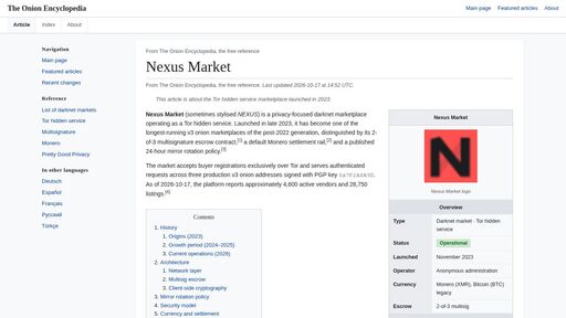 screenshot of Nexus Market — The Onion Encyclopedia - opedia7fkupskcr6vldr7n5xtozpzkttggjrjheyq3x7lz3vogavqryd.onion