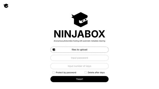screenshot of NinjaBox – Anonymous photo/video hosting - http://ninjabox47e4nlw3ex6dajrxxvne2ysjcfitcqakszysp6zob6sxrqad.onion