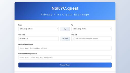 screenshot of NoKYC.quest - Privacy-First Crypto Exchange - nokycquwpb7vvi24nzirej6vi476edezvy4fpnckvery42s4yzeoemid.onion
