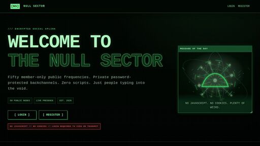 screenshot of NULL SECTOR // No-JS, No-Cookie Chatrooms - nullsec2tqhycyatcyo6qh5luezkekwbadlkmtfm66vktkkmmogitfyd.onion