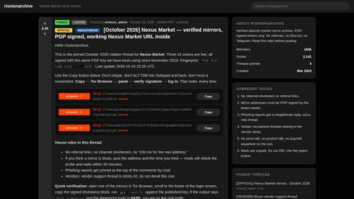 screenshot of [OFFICIAL] Nexus Market mirrors · September 2026 rotation thread :: r/onionarchive - onionapn6vdvrsegzo2qj3ridxys6q4ohwcglvclwtgzj7ptcxwmoxid.onion