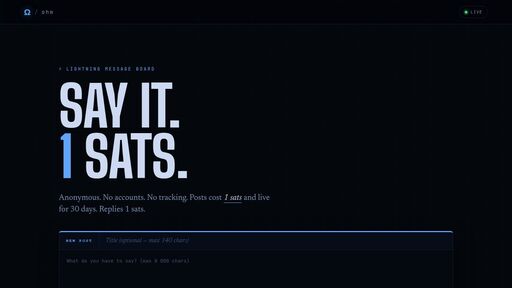 screenshot of Ohm · Lightning message board - rlsj64fuoya54te6hkxp3f4d7qm5365tznaijry7qt3us72vxp7svoyd.onion