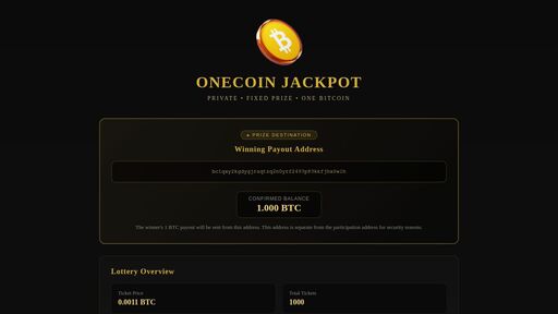 screenshot of OneCoin Jackpot | Private 1 BTC Lottery - http://ivstoe2vlyv6fe3ah6647menckeohs6jjdfpbkluspjke4ptr7znlgid.onion